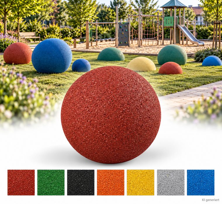 Rubber balls in 30, 40, 50, and 75 cm sizes, available in red, green, black, yellow, orange, and blue